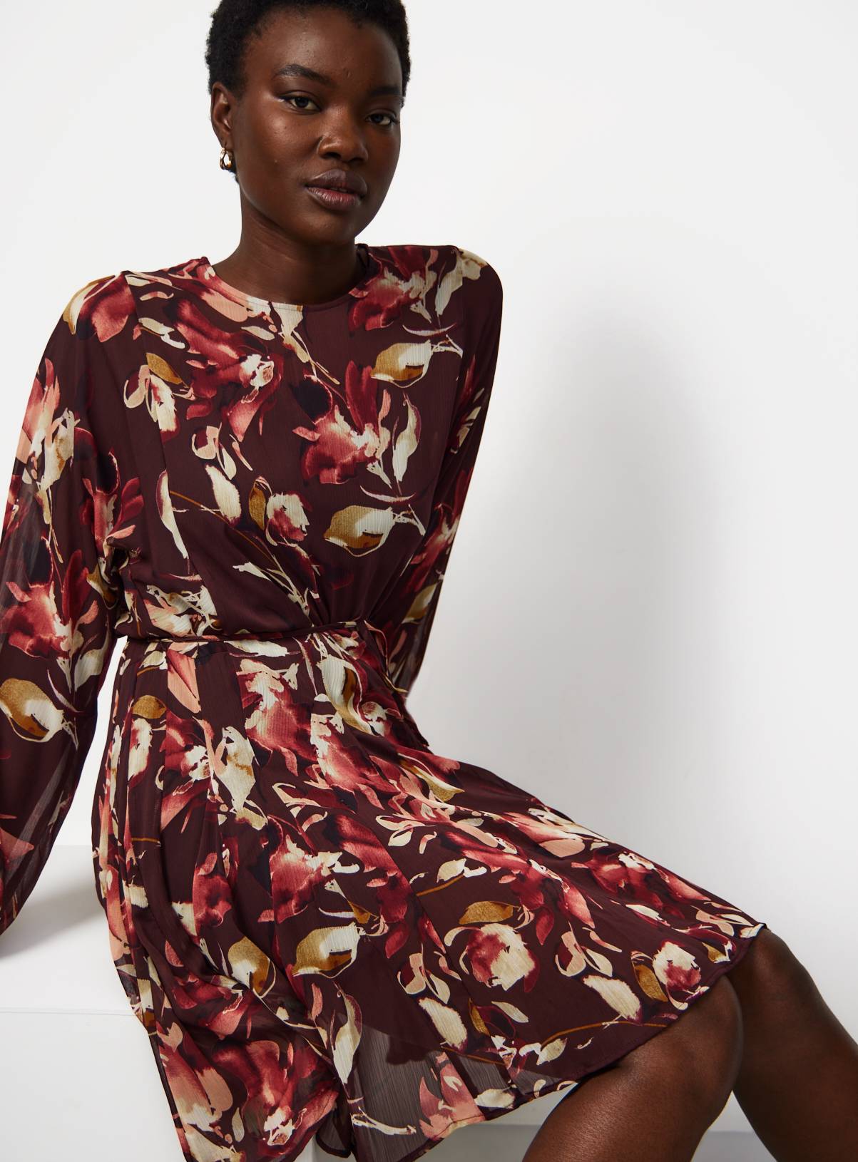 Dark Red Chiffon Skater Floral Mini Dress  8 - Image 1
